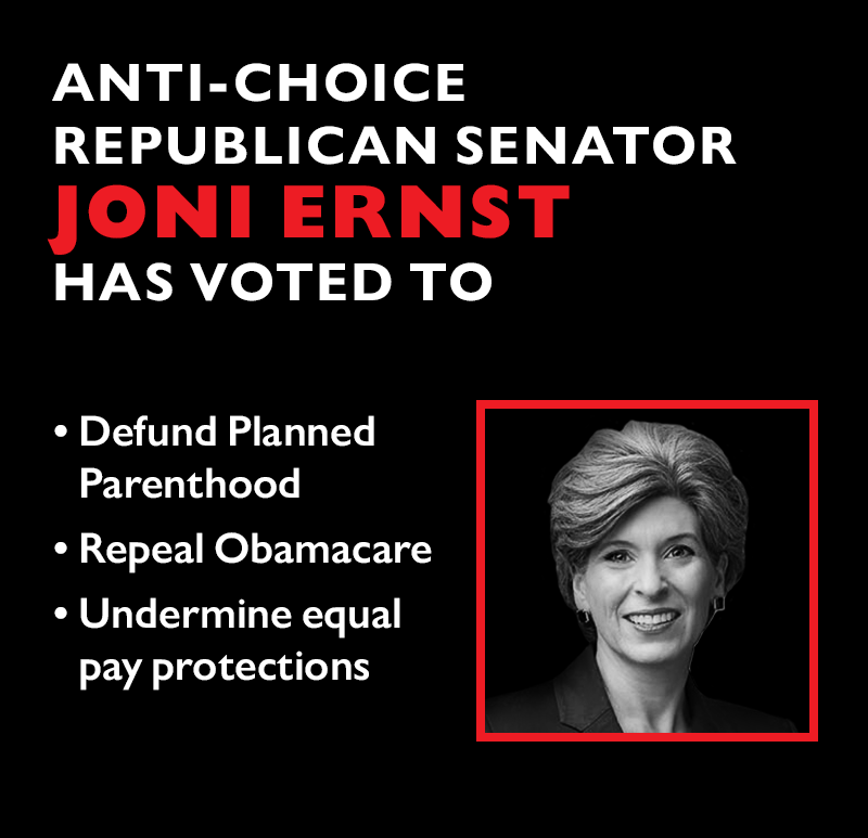 Anti-choice Republican Senator JONI ERNST has voted to:
Defund Planned Parenthood
Repeal Obamacare
Undermine equal pay protections