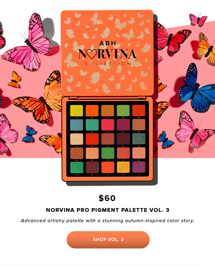 ABH NORVINA COLLECTION. $60 NORVINA PRO PIGMENT PALETTE VOL. 3. Advanced artistry palette with a stunning autumn-inspired color story. SHOP VOL. 3