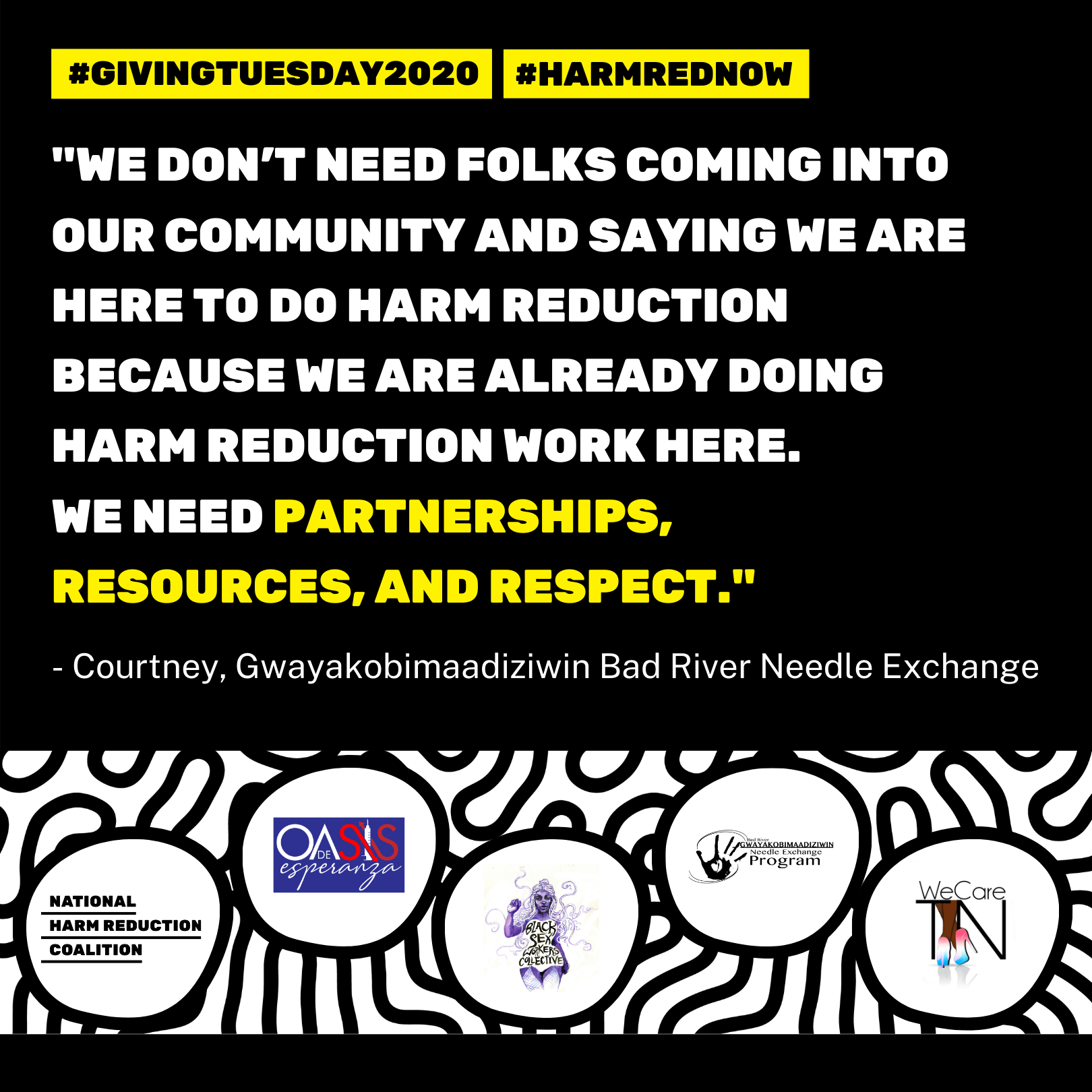 ''''We don''t need folks coming into our community and saying we are here to do harm reduction because we are already doing harm reduction work here. We need partnerships, resources, and respect.'''' -?Courtney, Gwayakobimaadiziwin Bad River Needle Exchange