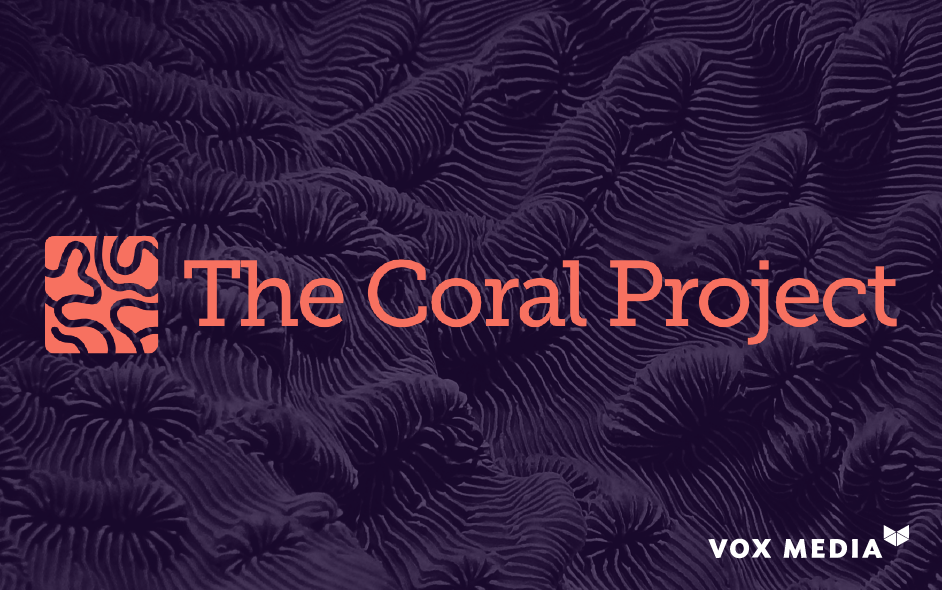 The Coral Project logo on a dark background with the Vox Media logo in the corner