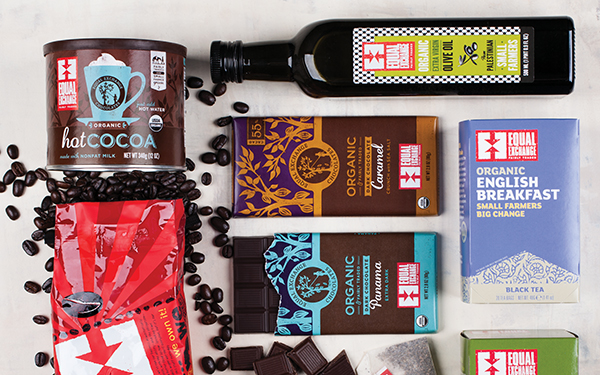 Equal Exchange products including hot cocoa, olive oil, coffee, chocolate bars and teas