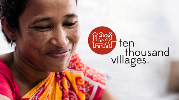 Ten Thousand Villages logo and photo of woman smiling