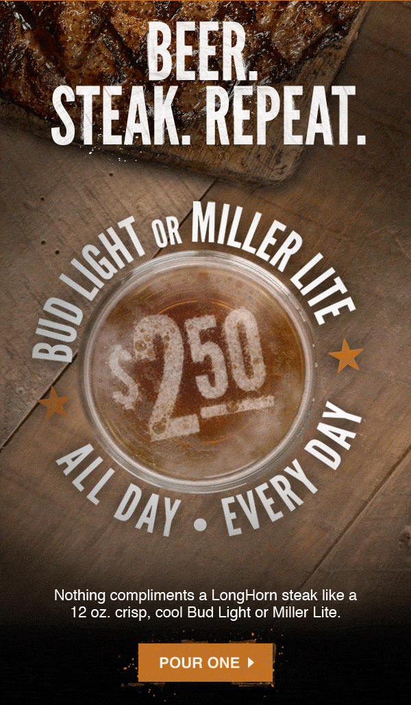 A hand placing a cold beer on a table with the text, 'Bud Light or Miller Lite, $2.50 All Day, Every Day.'