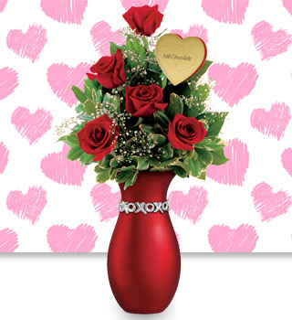 The 'XOXO Sweet' Red Rose Vase Arrangement Comes With A Delicious Chocolate Gift - Save 25%!