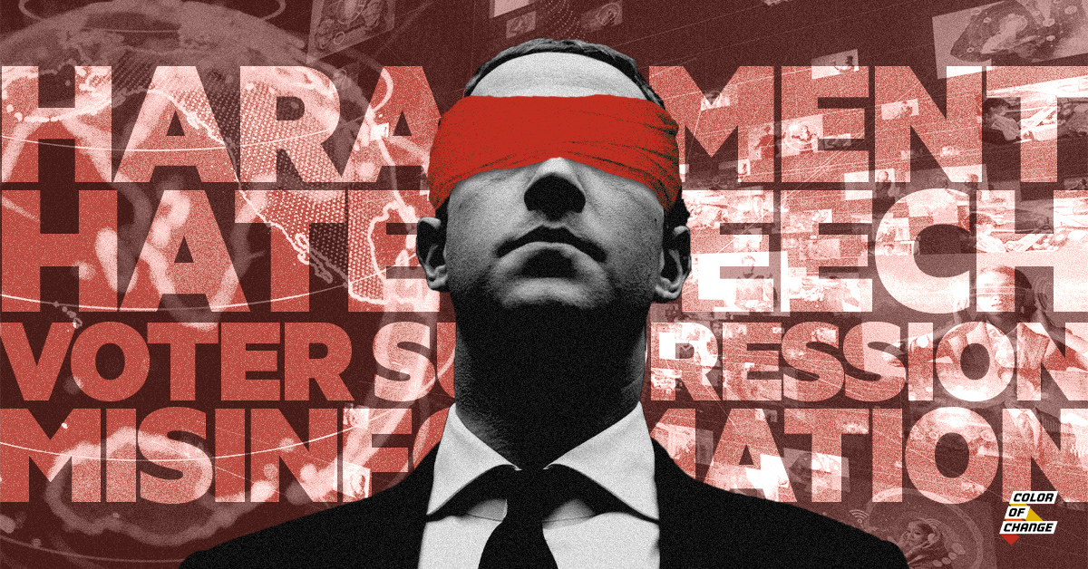 Image with red background features Mark Zuckerberg with a blindfold over his eyes. Over the read background are words like "voter suppression," "lies," and "misinformation" to demonstrate the problems on Facebook that Zuckerberg ignores.