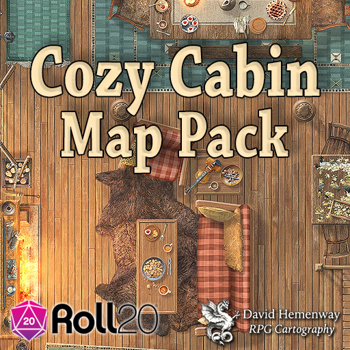 Cozy Cabin Map Pack written over image of a cabin interior: animal skin rug and couch centered in front of a roaring fireplace. A dinner table laden with food on top of a green cozy rug along the top.
