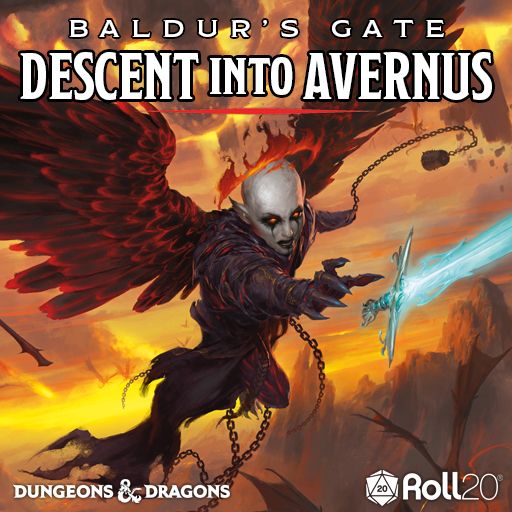 Archdevil with red and black wings and a fire halo above the hellscape of Avernus, reaching for a blue-white glowing sword. Text overlay reads: Baldur's Gate Descent into Avernus. The Dungeons & Dragons and Roll20 logos are in the bottom corners.
