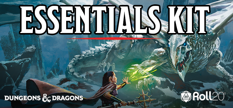A white, icy-looking dragon facing down an adventurer in the foreground whose hand is shooting green magic at the dragon, staff in their other hand, and cloak billowing behind. Text overlay reads Essentials Kit with the Dungeons & Dragons logo and Roll20 logo in the bottom corners.
