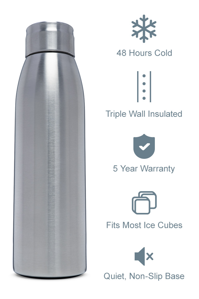 48 hours cold  Triple wall insulated  5 year warranty  Fits most ice cubes  Quiet, non-slip base