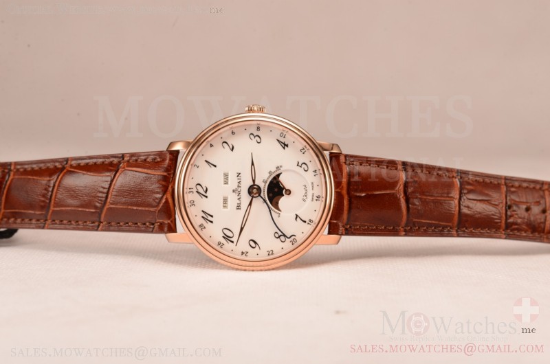BlancPain Villeret Miyota 9015 Automatic Rose Gold Case with White Dial Arabic and Brown Leather Strap (EF)