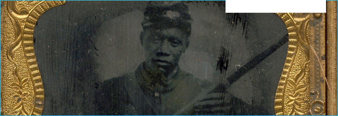 Clickable image of Ambrotype of Qualls Tibbs, 5th Sergeant, 27th U.S.C.T., Camp Delaware, Ohio, entry to Learning Lab Collection.