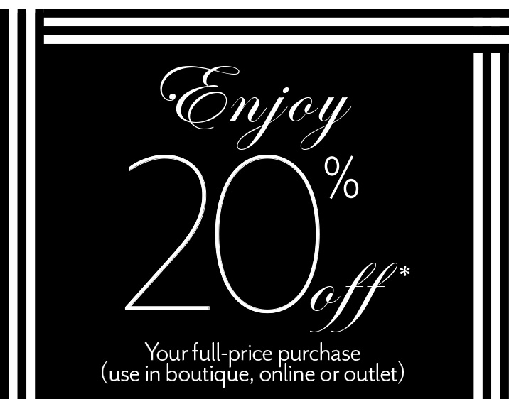 Being a WHBM Insider has its perks. Enjoy 20% off your full price purchase (use in boutiques, online or outlets). Use code below. Limited time only. 