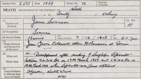 Detail from the death entry of James Swanson who died 17th or 18th March 1969. National Records of Scotland, Statutory Register of Deaths, 1969, 032/1 5 page 5