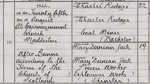 Detail from the marriage entry of Charles Rodger and Mary Duncan Jack, 25th August 1944. National Records of Scotland, Statutory Register of Marriages, 1944, 486/17 page 9