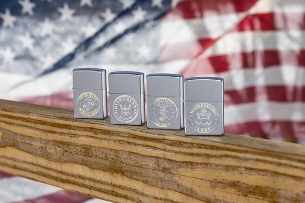 Military Lighters against American flag background