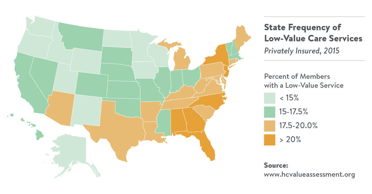 Map showing state frequency of low-value care services among the privately-insured in 2015