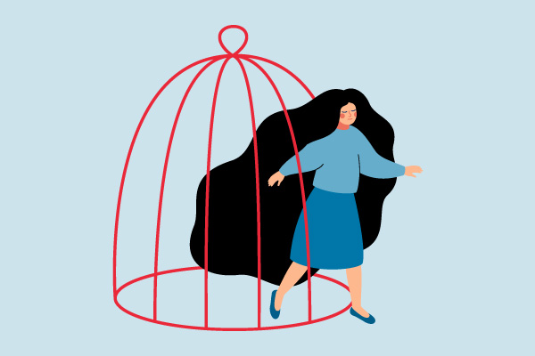 A woman escapes from the stigma associated with seeking treatment for Opioid Use Disorder, as represented by a cage.
