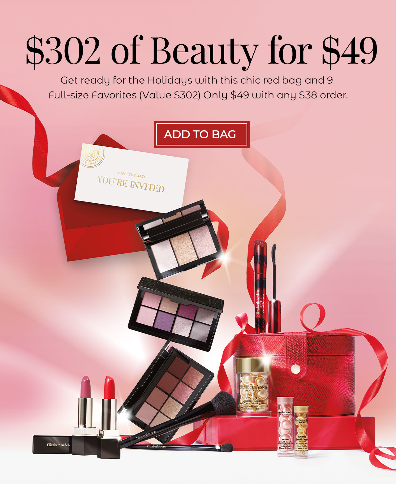 $302 of Beauty for $49 | Get ready for the Holidays with this chic red bag and 9 Full-size Favorites (Value $302) Only $49 with any $38 order. | Add to Bag