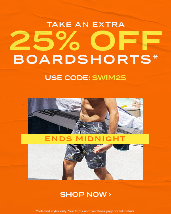 Take an extra 25 percent off boardshorts* Use Code: SWIM25