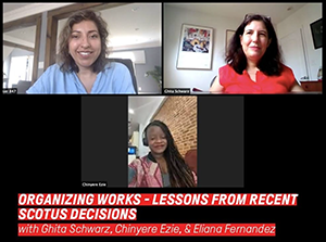 images of chinyere ezie, ghita schwarz, and eliana fernandez on a zoom call