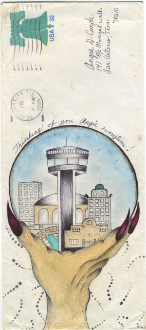 photo of a hand holding a crystal globe containing a view of a city skyline. Carlos Conde. Untitled 1995. Pencil and colored pencil on envelope. Courtesy of Cavin-Morris Gallery, NYC.