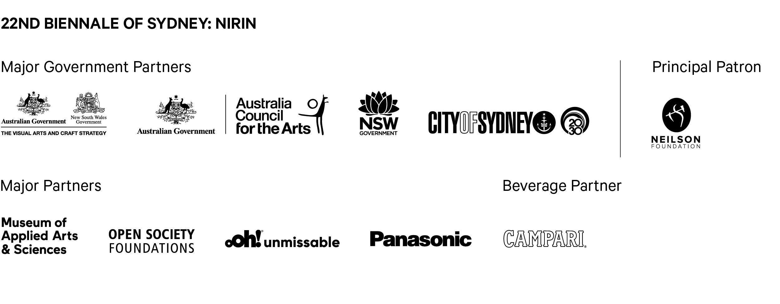 The Museum of Contemporary Art is proudly supported by Major Government Partners, Australian Government, New South Wales Government, The Visual Arts and Craft Strategy, Australia Council for the Arts, City of Sydney; Principal Patron Neilson Foundation; Major Partners, Museum of Applied Arts & Sciences, Open Society Foundations, oOh unmissable, Panasonic; Beverage Partner Campari.
