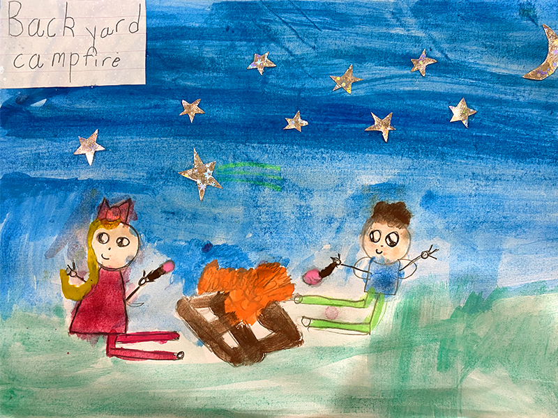 Painting of girl and boy by campfire