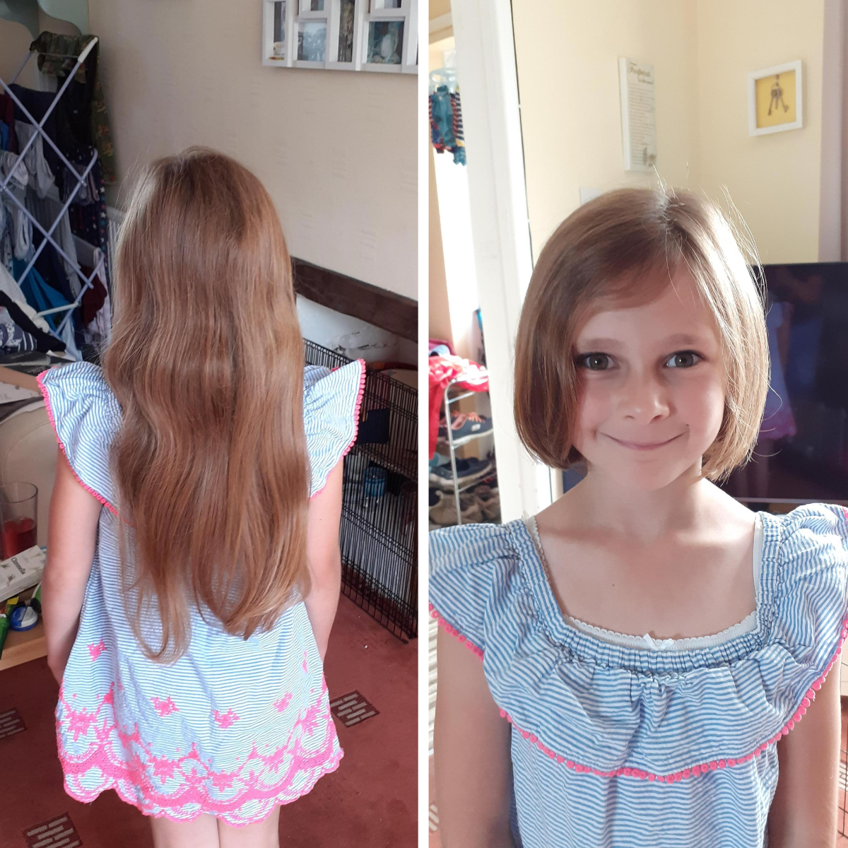 Side-by-side images of little girl with long hair and then shorter hair