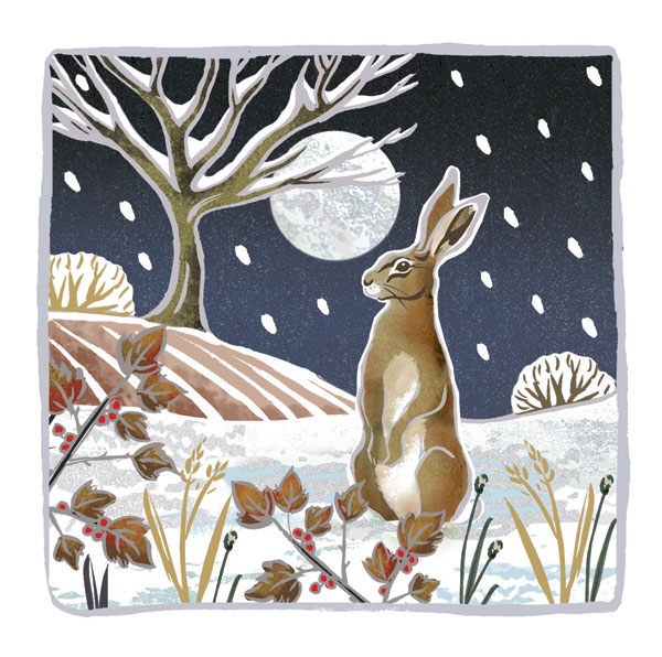 Christmas card with a drawing of a hare outside