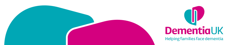 Pink and blue shapes and Dementia UK logo