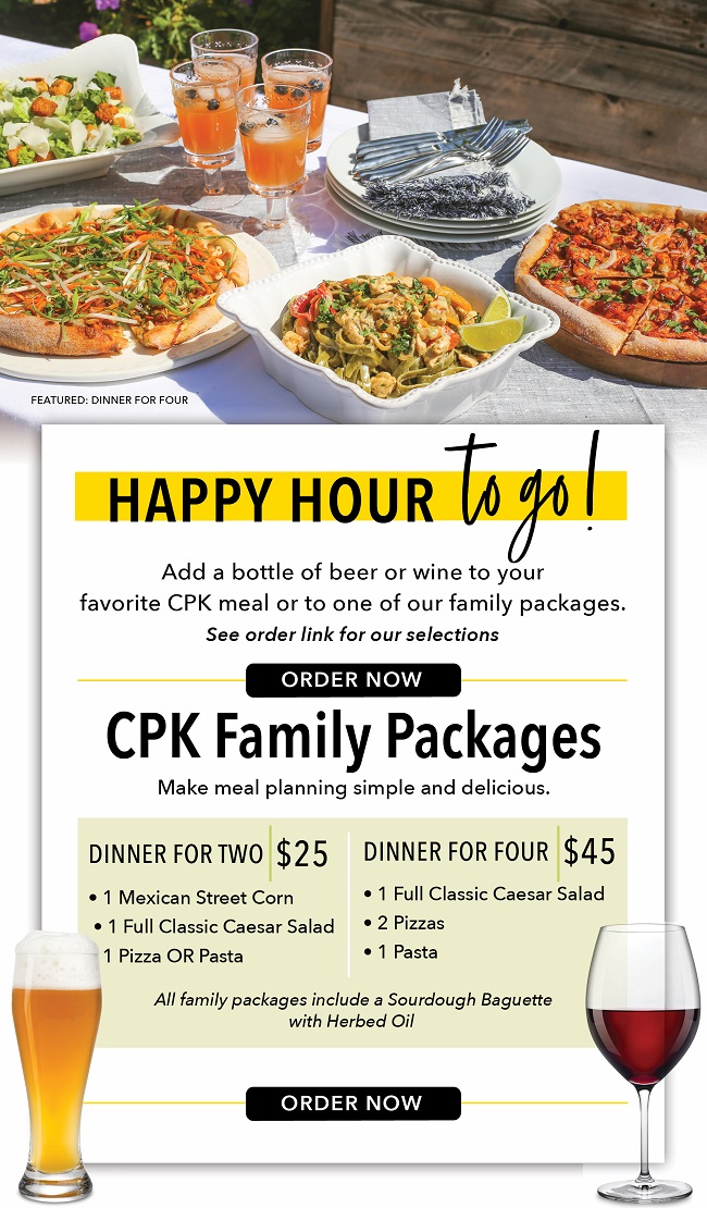 Delicious Family Meal Packages plus Beer & Wine to go - add a bottle to your meal