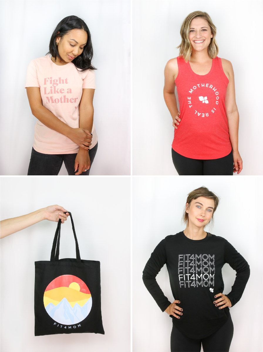 Women in clothing -- pink "fight like a mother" t-shirt, red tank top that reads, "the motherhood is real," long-sleeved black shirt that reads, "FIT4MOM" and repeats 5 times, and a black tote bag with mountains and a sunset.